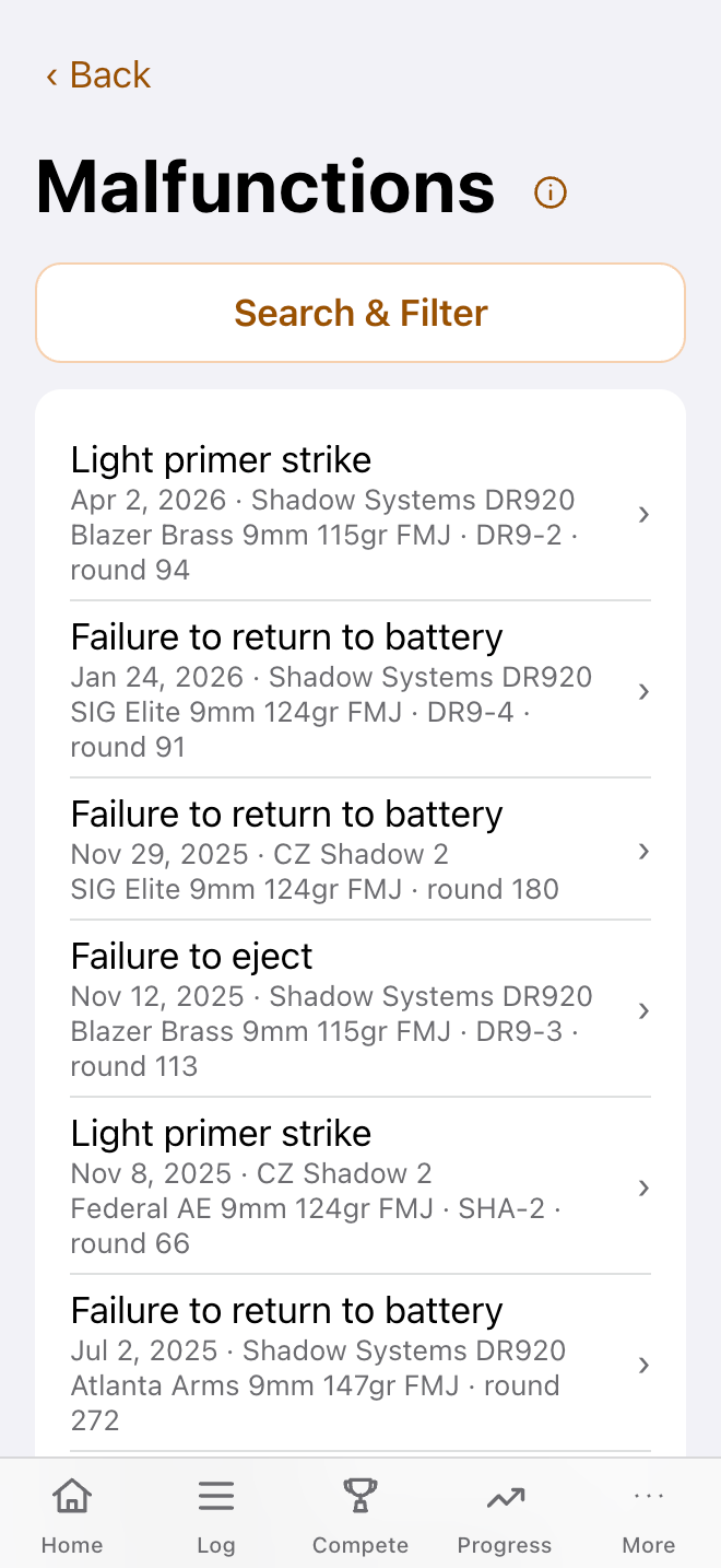 App screen: logged malfunctions listed with cause, and the magazine tied to each