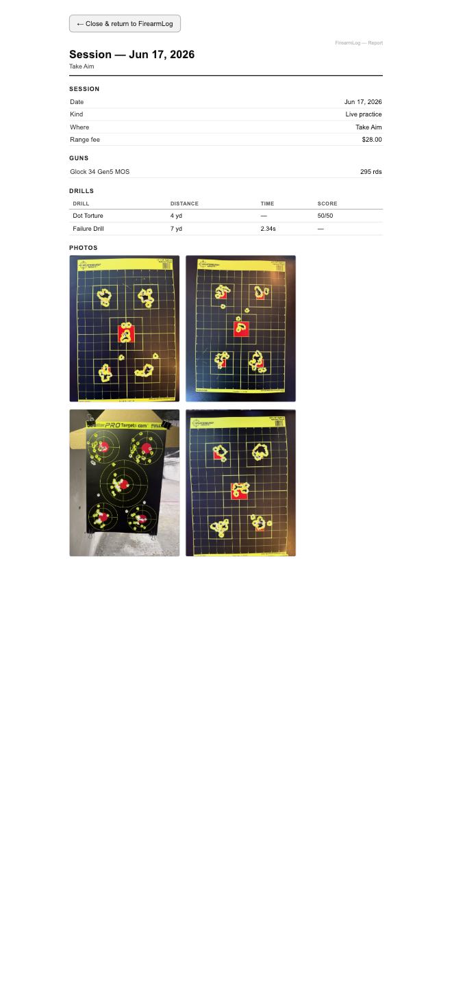 App screen: a day's session report with drill times, distances, and scores, and target photos attached